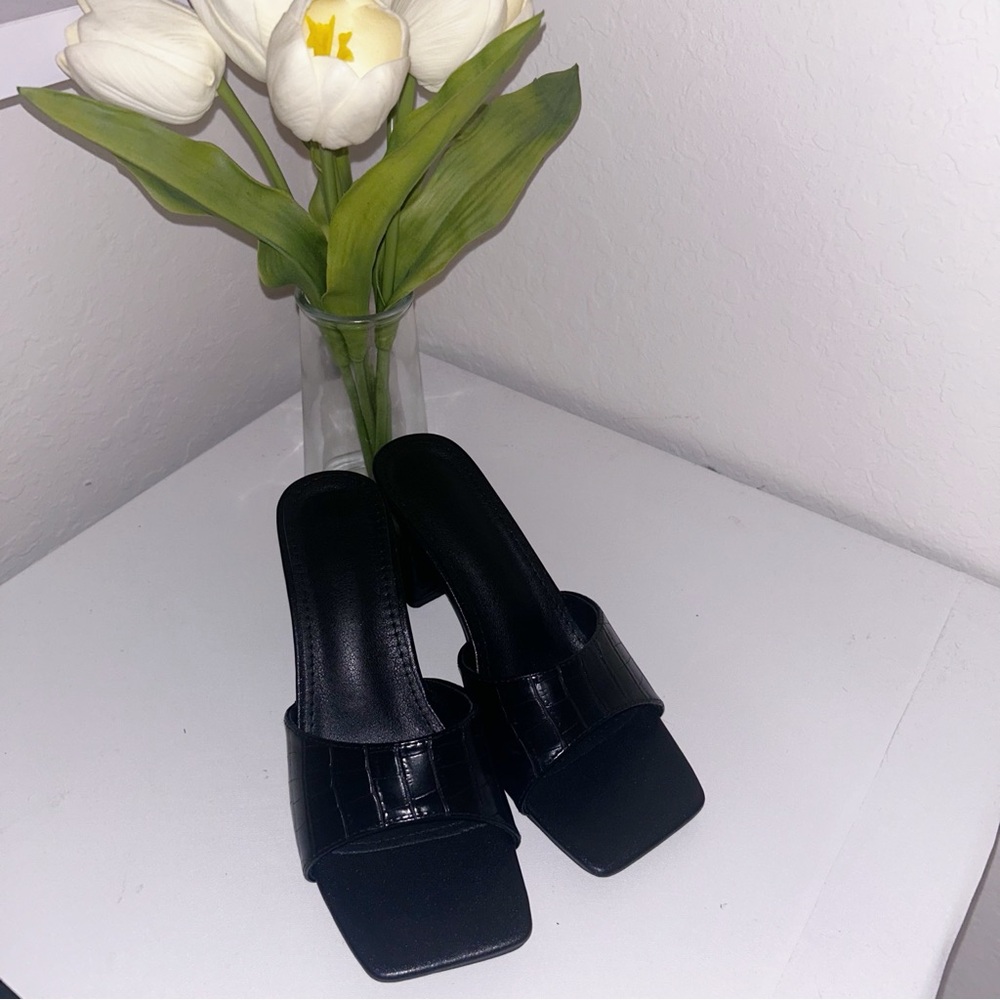 Black Croc-Embossed Block Heeled Sandals